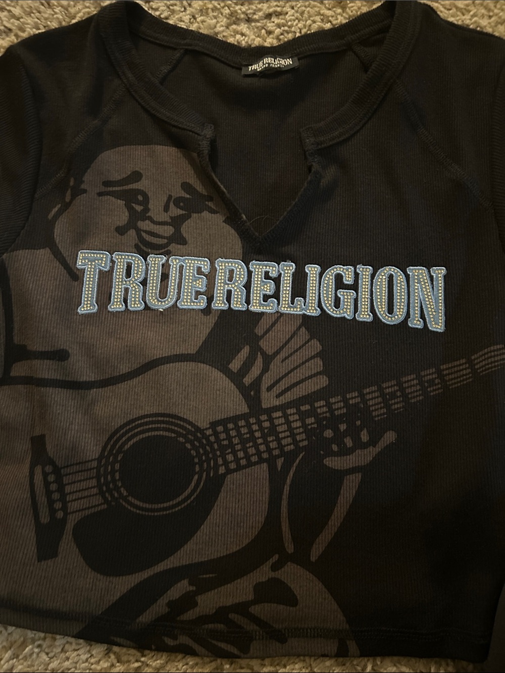 True Religion Black Long Sleeve Tee with Guitar Graphic